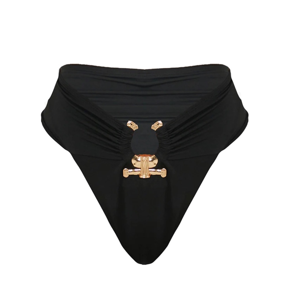 Black Hammered Trim High Waist Bikini Bottoms